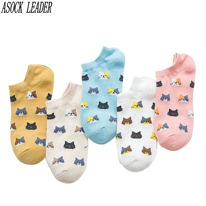 

Asock Leader Spring Summer Women Socks Cotton Fashion Cartoon Cute Cat Girls Socks Fashion Brand Women's Socks 5 pairs / Lot