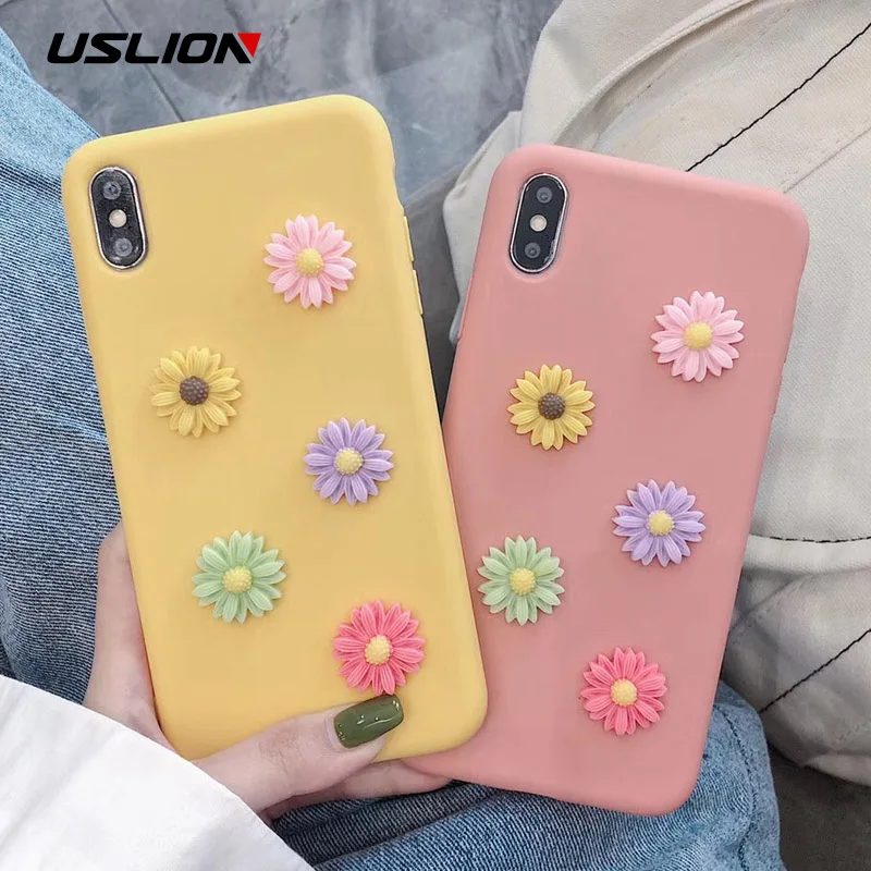 

USLION 3D Daisy Flower Phone Case For iPhone X XS Max XR Candy Color Soft Cover For iPhone 7 6 6s 8 Plus TPU Silicone Back Cases