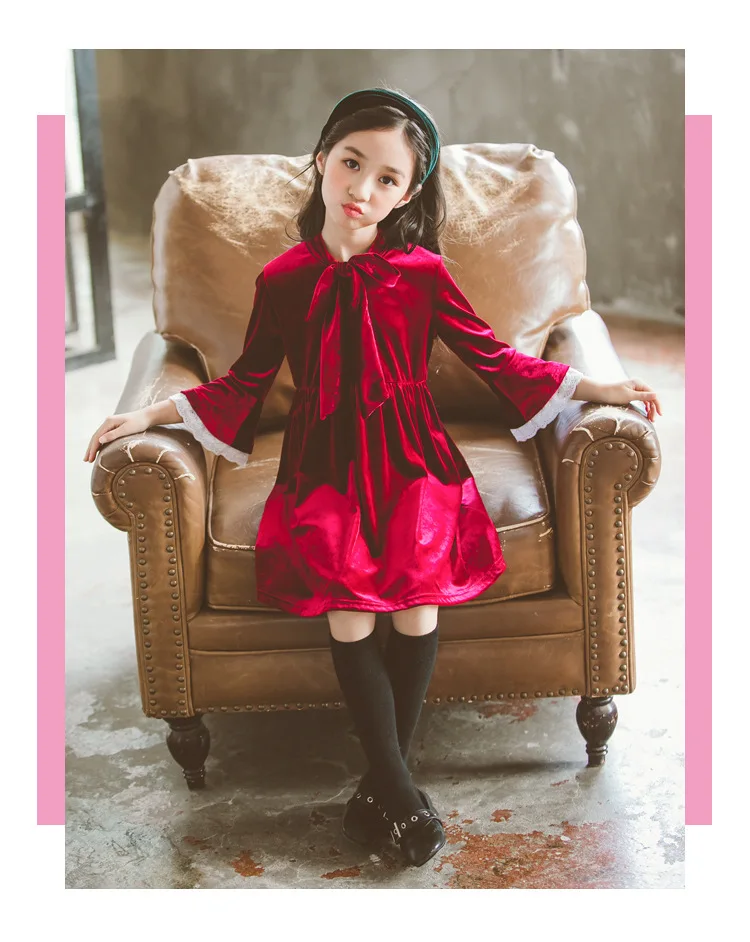 Весна-Осень, красное вино, Детские платья для девочек-подростков, вельветовое элегантное платье принцессы для рождественской вечеринки, детская одежда