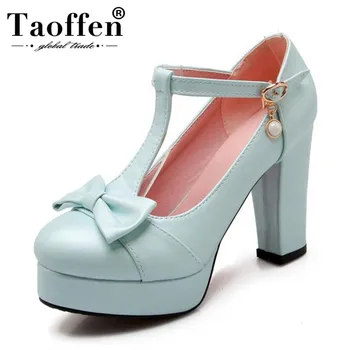 

TAOFFEN Women High Heeled Shoes Women Squared Heels Pumps Platform Bowtie Bowknot Shoes Buckle Party Sexy Footwear Size 33-43