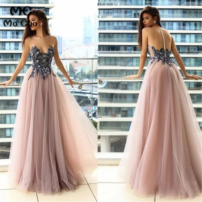 Strapless long prom dress，sexy evening dress with tulle
