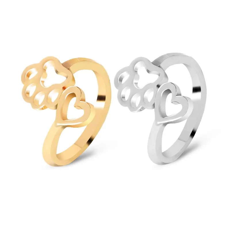 

Simple Cute Dog Cat Paw Adjustable Opening Ring for Women Silver Gold Fashion Exquisite Heart Hollow Love Rings Gift Jewelry