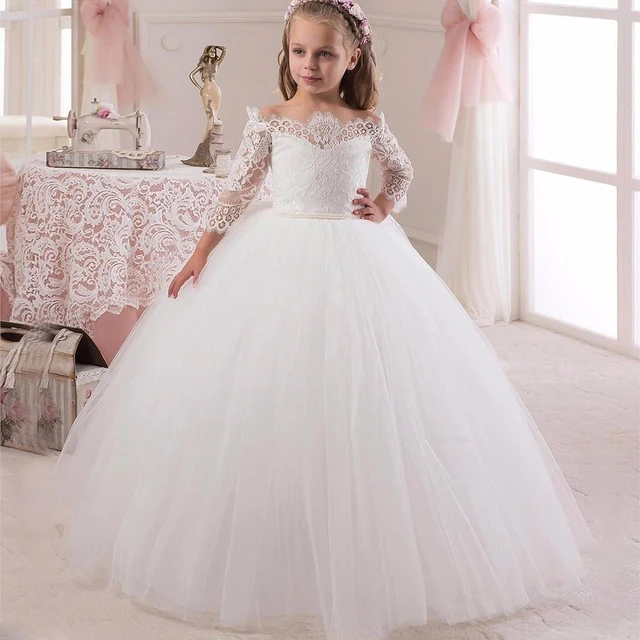 encaje blanco para niñas, Vestido de manga larga Formal para primera comunión, fiesta, _ - AliExpress Mobile