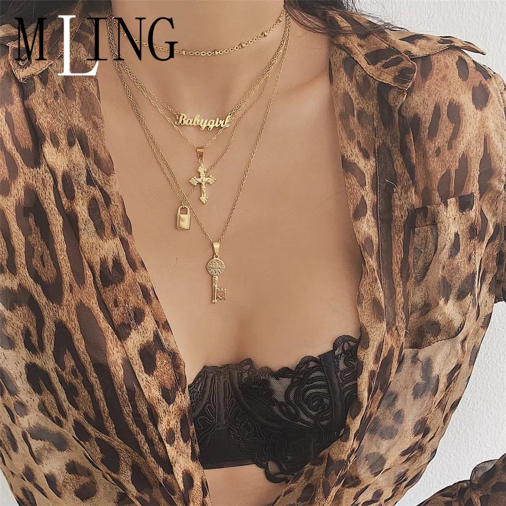 

MLING Bohemian Cross English Letter Key Lock Pendant Necklace For Women Multi-layer Gold Fashion Necklaces & Pendants Jewelry