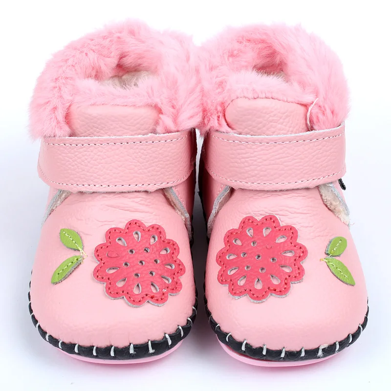 Baby Boots For Girl Winter Baby Shoes Soft Leather Rabbit Fur Warm Pink Flower Newborn Baby Girls Boys First Walkers Soft Sole