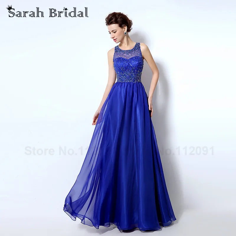 2017 Glitter Royal Blue Beading Illusion Evening Dresses Long Chiffon A