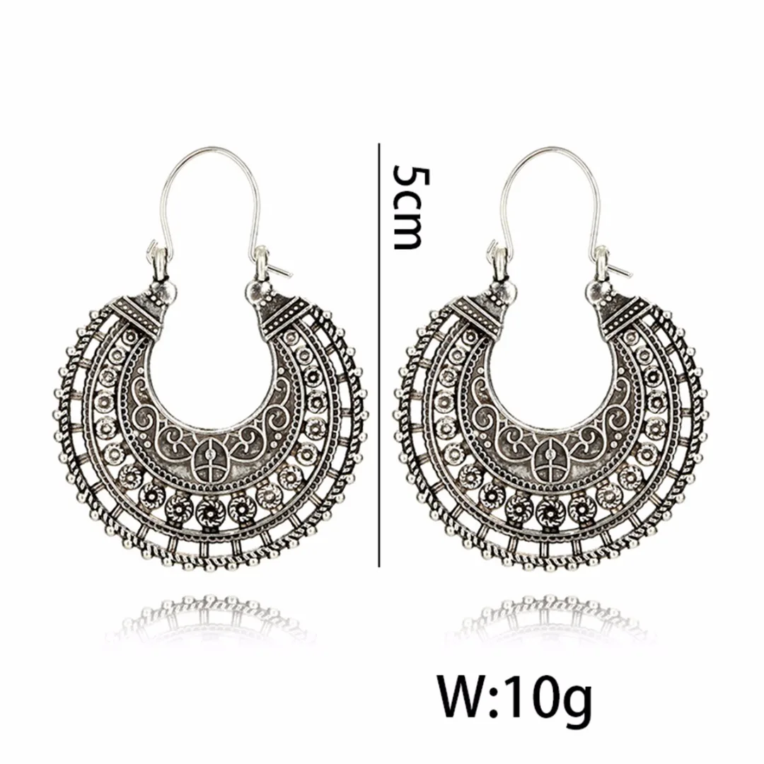 Shellhard Fashion Carved Flower Earring Jewelry Boho Ethnic Tibetan Tribal Pendant Earring Antique Vintage Silver Hoop Earring