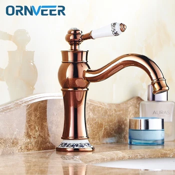 

Luxury Gold Plated Long Mouth Bathroom Faucet Ceramic Handle Ceramic Holder Rose Gold Basin Sink Mixer Tap RG-009