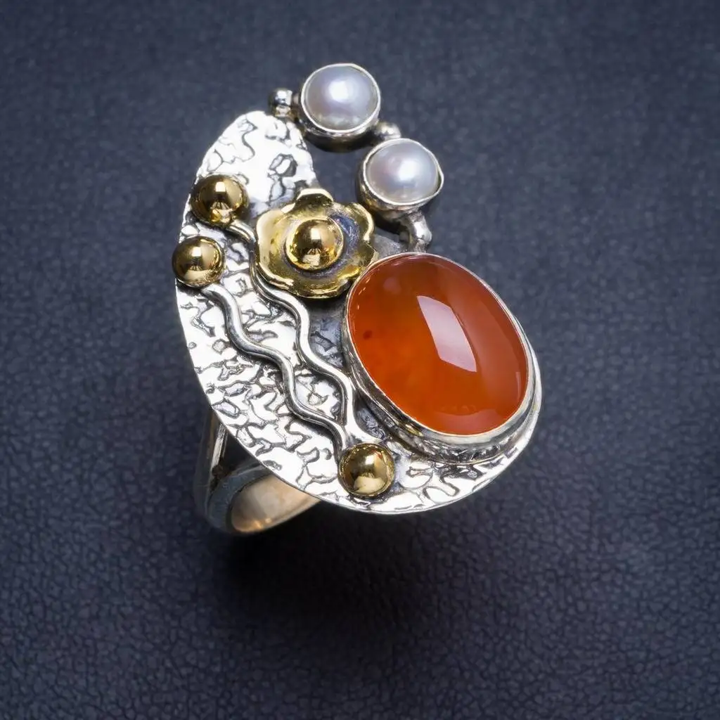 

Natural Carnelian and River Pearl Two Tones 925 Sterling Silver Ring 8.25 Y4509