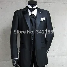 Настоящее фото одна кнопка черный жених смокинги / пик атласная лучший мужчина дружки мужчины свадебные костюмы / жених смокинги