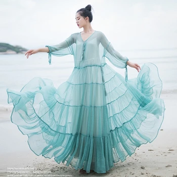 

Faye's store new arrival summer 2018 beach style a line large bottom three quarter loose long see through chiffon dress women