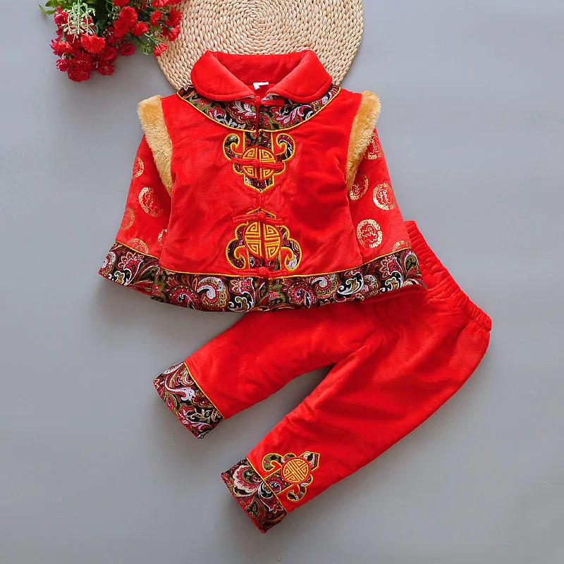 Счастливый остров Длинные рукава хлопок китайский год традиционные Костюмы комплект для маленьких Для мальчиков и девочек утолщенные Весна фестиваль костюмы - Цвет: C Red
