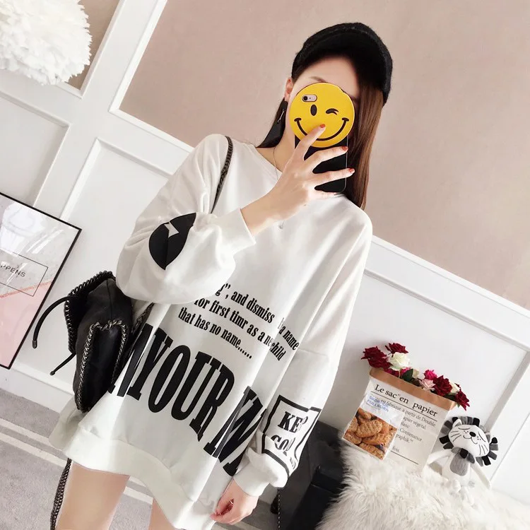 Mr.nut spring large size women's loose round neck letter printing long section Korean version of the trend hoodie women Mr.nut spring large size women's loose round neck letter printing long section Korean version of the trend hoodie women