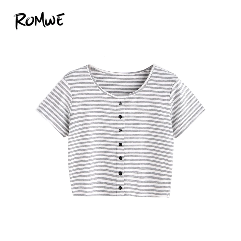 

ROMWE T shirt Women Crop Top Ladies Summer Tee Shirt Contrast Striped Round Neck Short Sleeve Crop T-shirt With Buttons