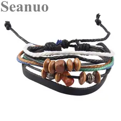 Seanuo Регулируемый Веревка Плетеный с дерева бусины наматывающийся браслет с подвесками для мужчин женщин Jewelry панк Модные женские открытые