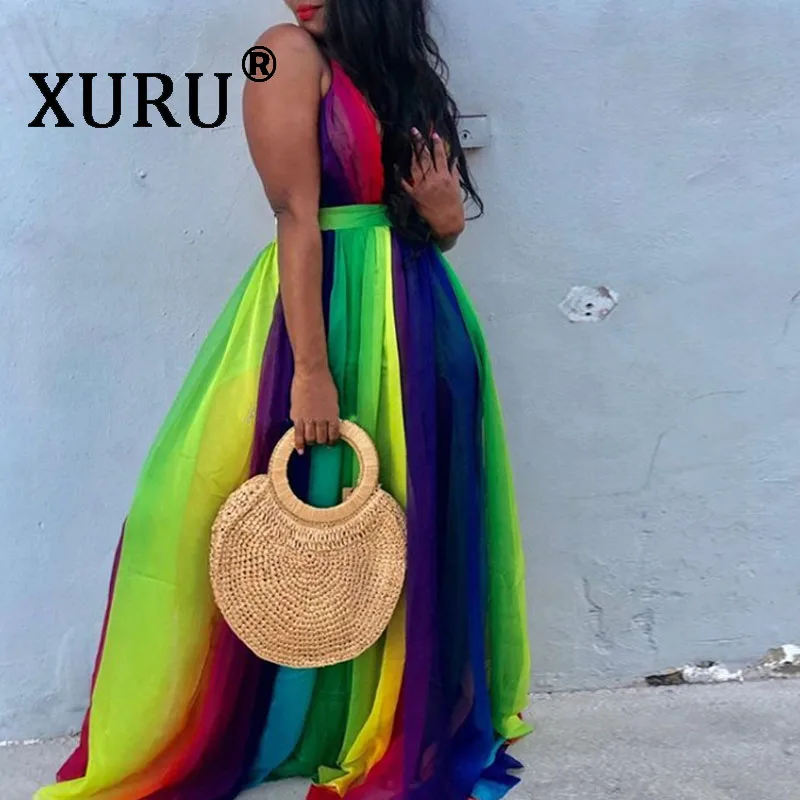XURU летнее Новое богемное шифоновое длинное платье, сексуальное платье на бретельках с v-образным вырезом на спине, шифоновое платье свободного кроя с градиентом