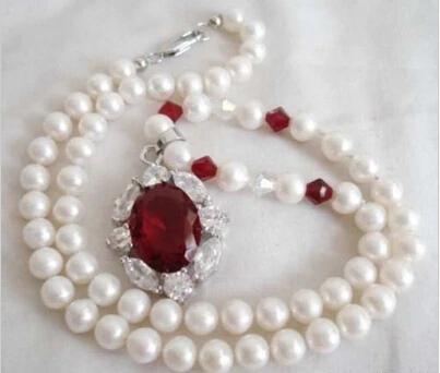 

Miss charm Jew958 Real White Pearl 18KWGP Red Cubic Zirconia Ruby Crystal Pendant Necklace