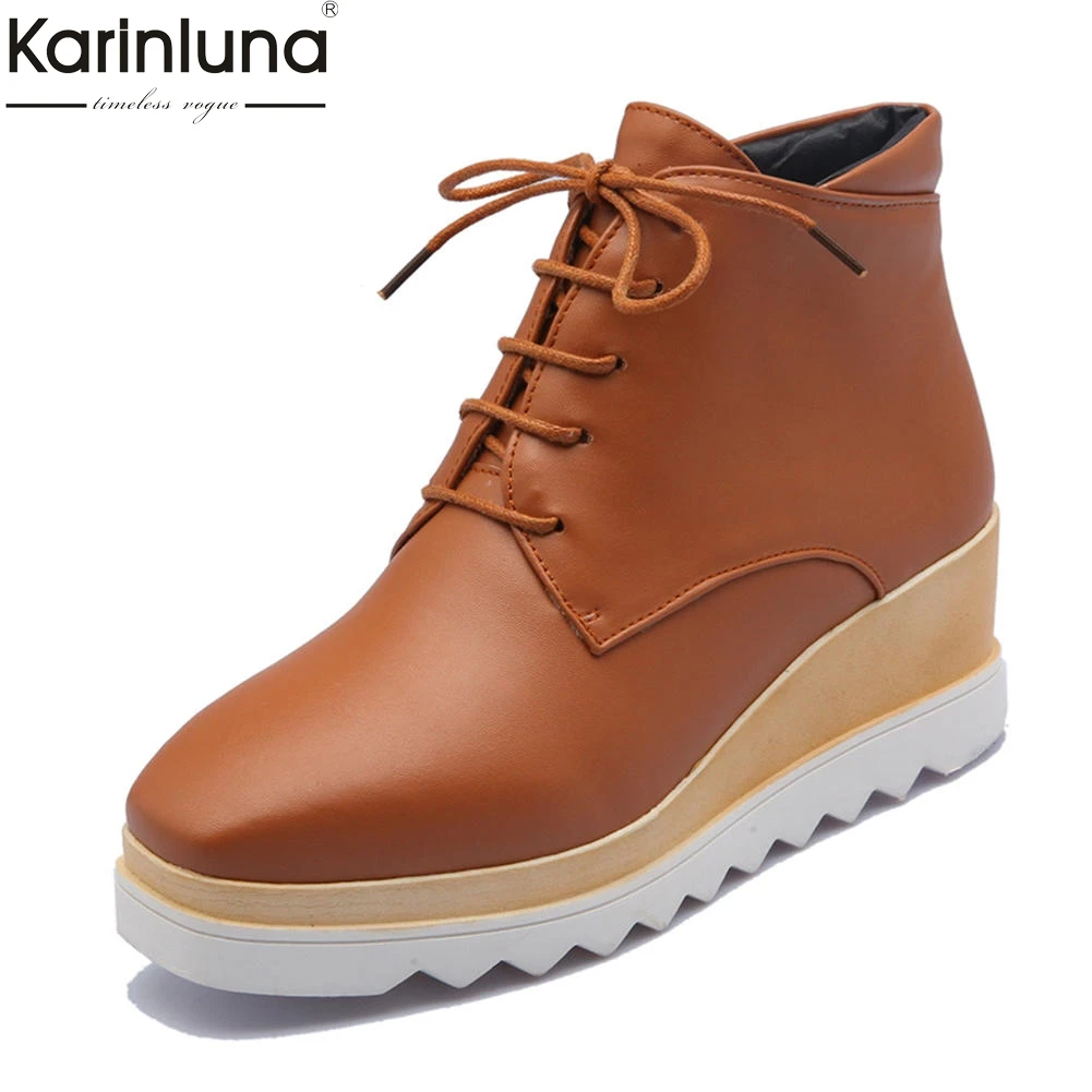 

KARINLUNA 2018 Large Size 34-43 Square Toe Wedge High Heels Women Shoes Woman Leisure Ankle Boots Woman Casual Girls Booties