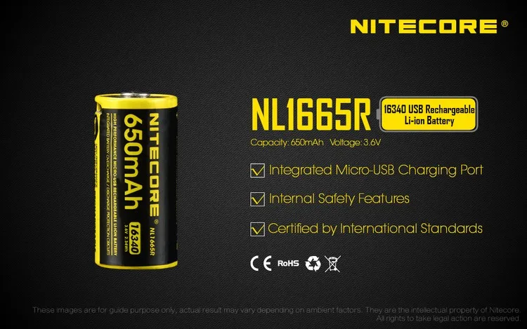 2018 NITECORE NL1665R 650 мА/ч, 16340 CR123 Встроенный Micro-USB зарядка Порты и разъёмы Перезаряжаемые Li-Ion Батарея 3,6 V 2.34Wh высокая производительность