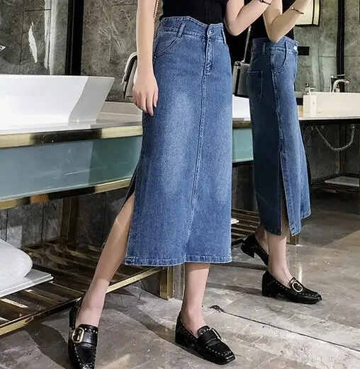 Algodón Nueva Primavera Tamaño Moda Para Plus Mujer Azul Mezcla calf De Recto Mid Mujeres Tyn0917 Faldas Casual Imperio SwAacq06a