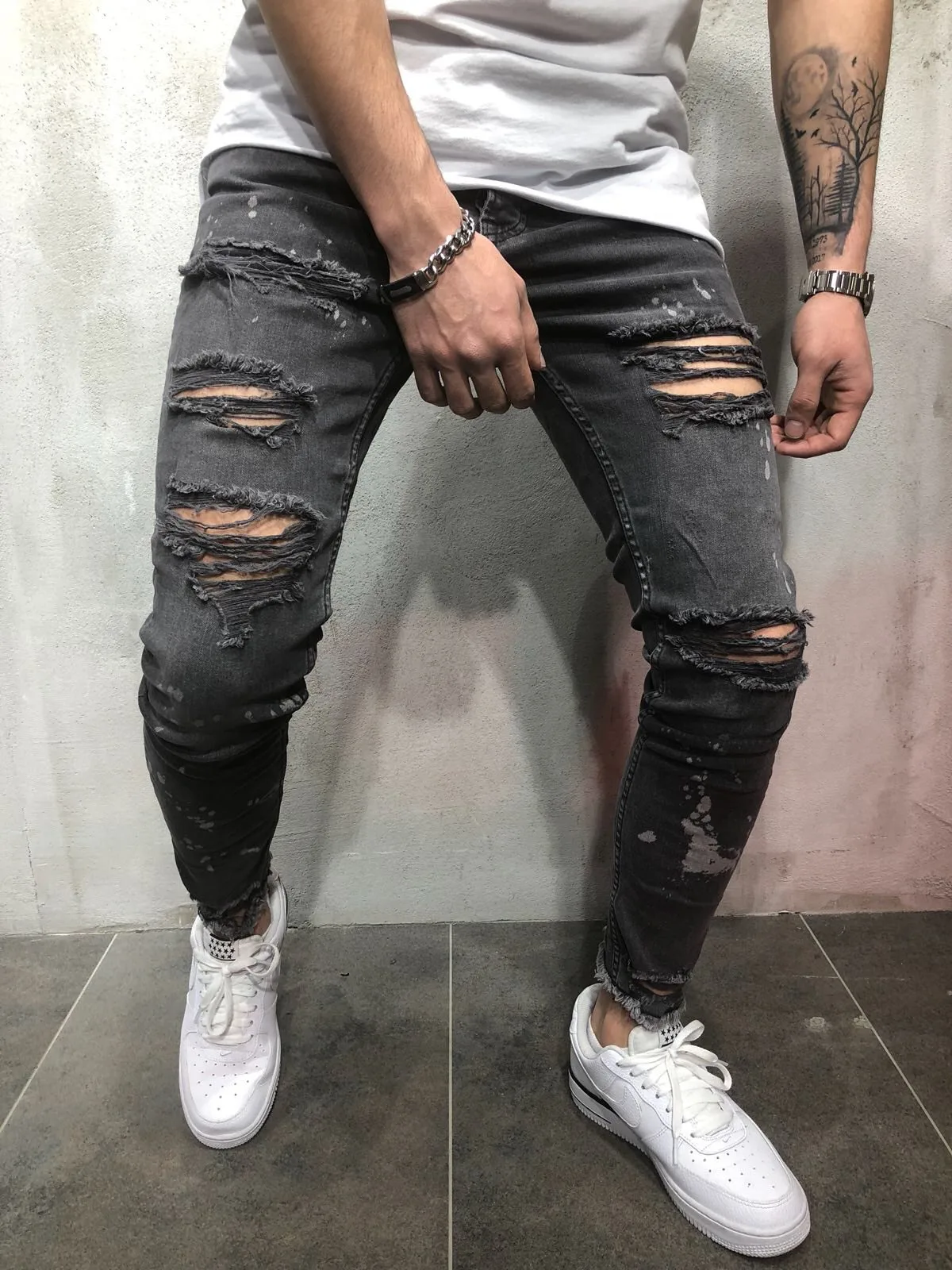 

2019 Men's Wash Frayed Skinny Jeans Ripped Jeans Pants Biker Slim Denim Trousers New Fashion Skinny Jeans Men Clothes