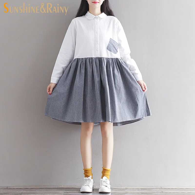 

2017 autumn winter girls college cotton linen stripe long sleeve long dress fresh splice design women loose long shirts dress