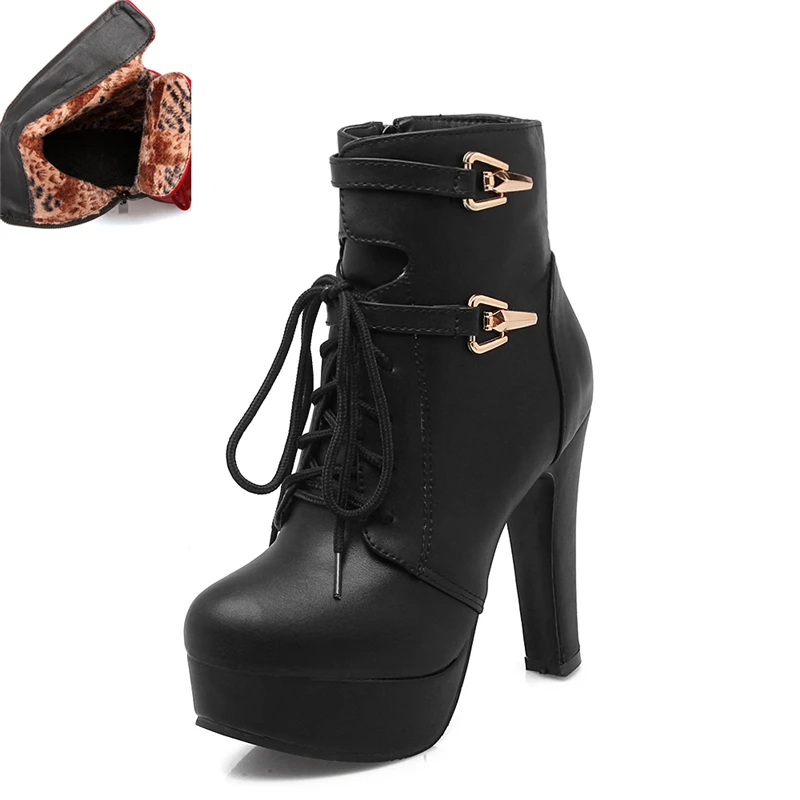 KARINLUNA/ботильоны больших размеров 33-43 Женская обувь модная пикантная женская обувь на платформе и высоком каблуке г. Ботинки на меху черного и красного цвета - Цвет: Черный
