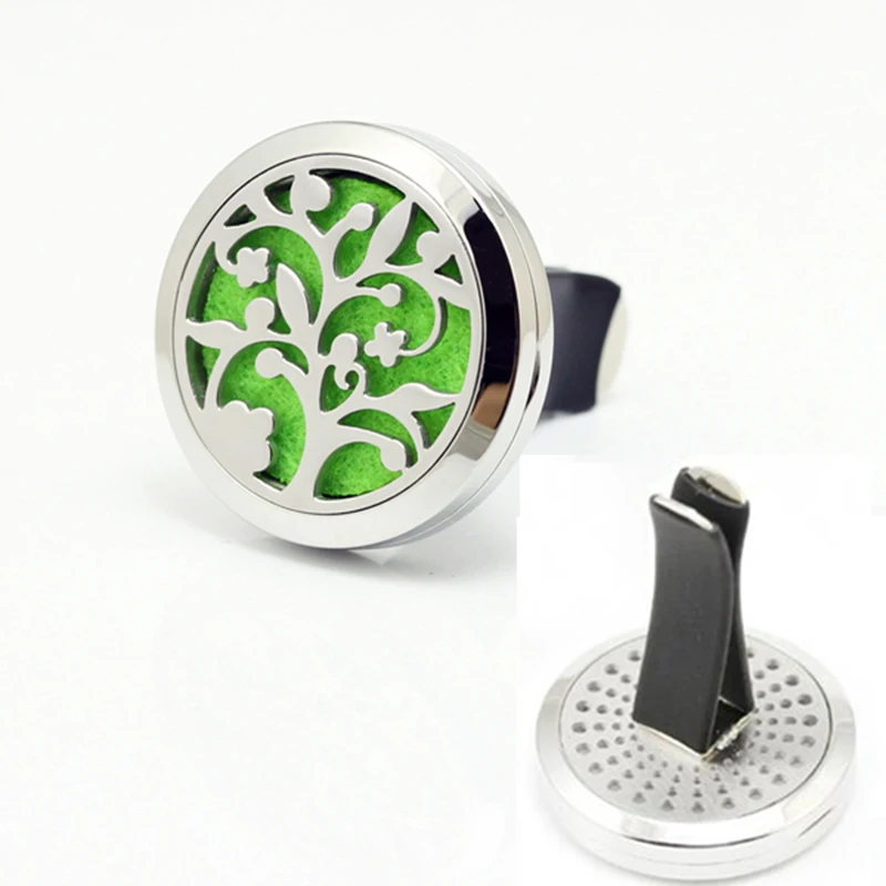 

New Design 30mm Round Stainless Steel Car Hollow Tree Aromatherapy Essential Oil Diffuser Perfume Locket Jewelry Clip for Car