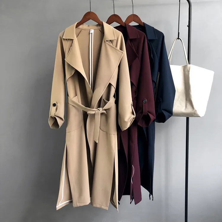 

New Long Women Belt Trenches Knee Length Fashion Asymmetric High Street Coats Slim Waisted Casual Trenches Midi Wine Red