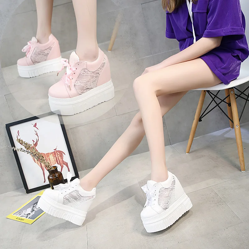 

New 2019 Fashion Women Platform High Heels Mesh Breathable Wedge Casual Shoe 12CM Summer Thick Sole Sneakers Woman Outdoor Shoes