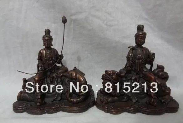 

wang 000145 China Pure Bronze WenShu PuXian Kwan-Yin Buddha Ride Elephant & Lion Statue Pair