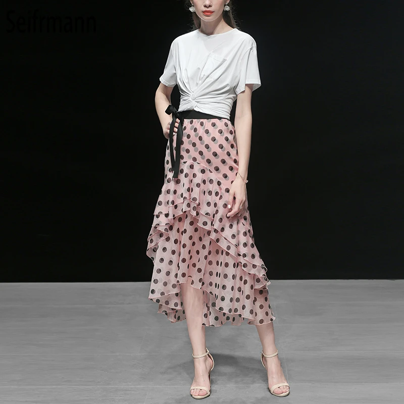 

Seifrmann Fashion Runway Summer Trumpet Mermaid Skirt Women's Dot Printed Bow Ruffles Elegant Casual Holiday Midi Skirt 2019