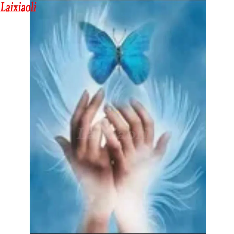 5d cross stitch diamond painting blue hands butterfly full square round diy diamond embroidery Mosaic wall decorative sticker