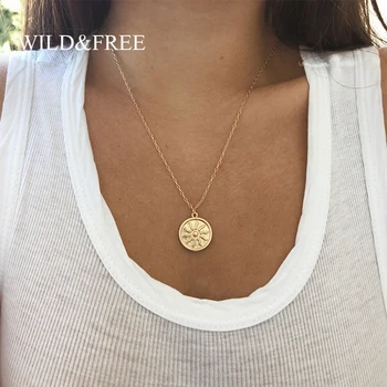 

Wild&Free Matte Gold Sun Pendant Necklace For Women Vintage Bohemian Big Round Coin Charm Necklaces Fashion Jewelry Wholesale