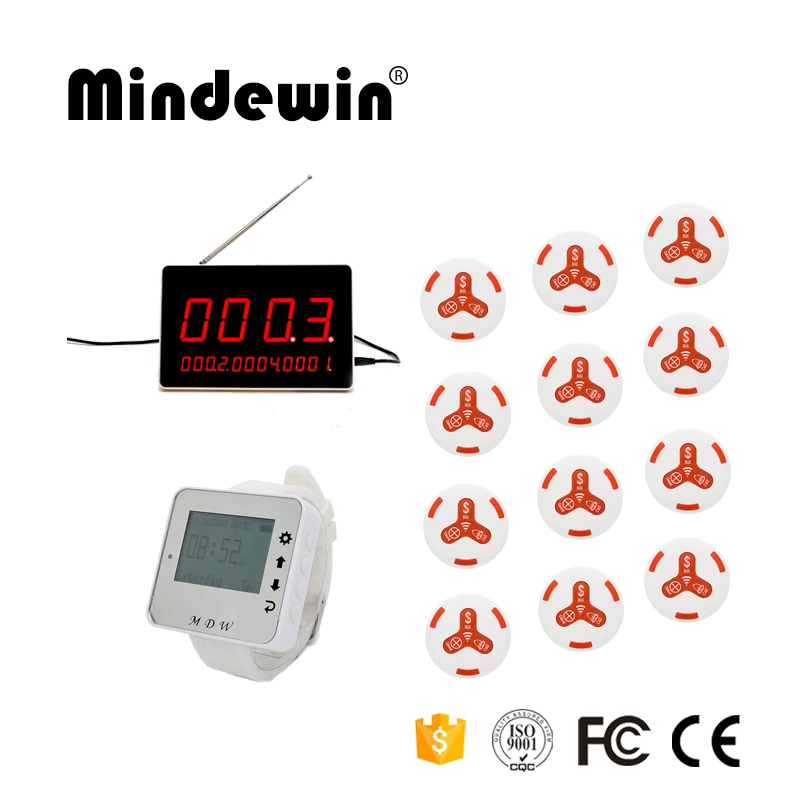 Mindewin 1 шт. светодиодный дисплей, для приема+ 1 шт. наручные часы с пейджером+ 12 шт. кнопка вызова официанта беспроводная пейджинговая система для ресторана - Цвет: White red