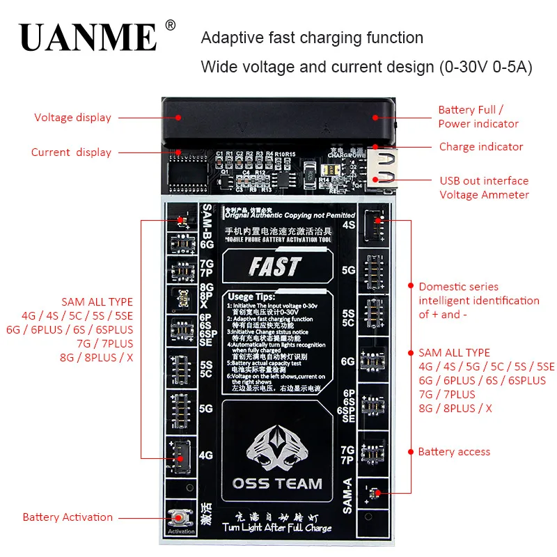 

UANME Battery Fast Charger Activation Fixture 2 in 1 Intelligent Quick Charging Plate For iPhone 4-X Samsung 0-30V 0-5A