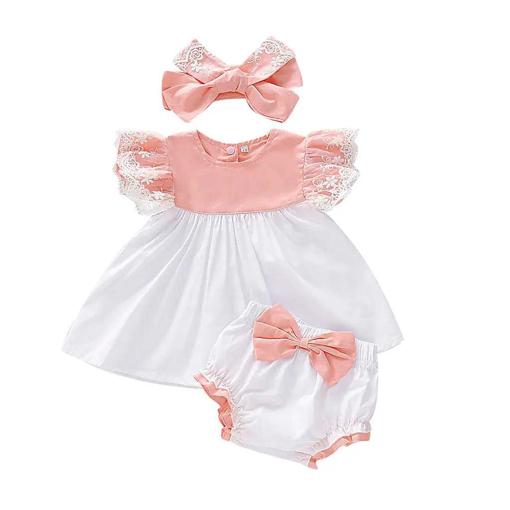 Летний детский, для новорожденных, для девочек; детское кружевное платье; Топы+ лук шорты pp+ комплект с ободком Одежда для маленьких девочек Одежда для младенцев детская одежда из хлопкового слединга