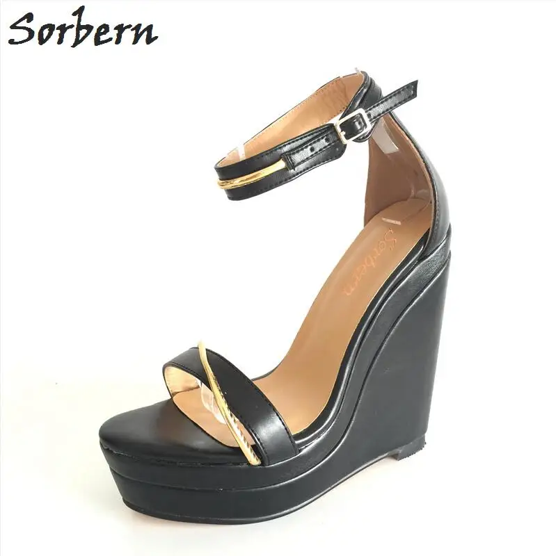 Sorbern/босоножки, женская обувь, большие размеры, цвет на заказ, женская обувь на танкетке, chaussures femme Ete,, zapatos mujer, реальное изображение, сандалии - Цвет: Черный