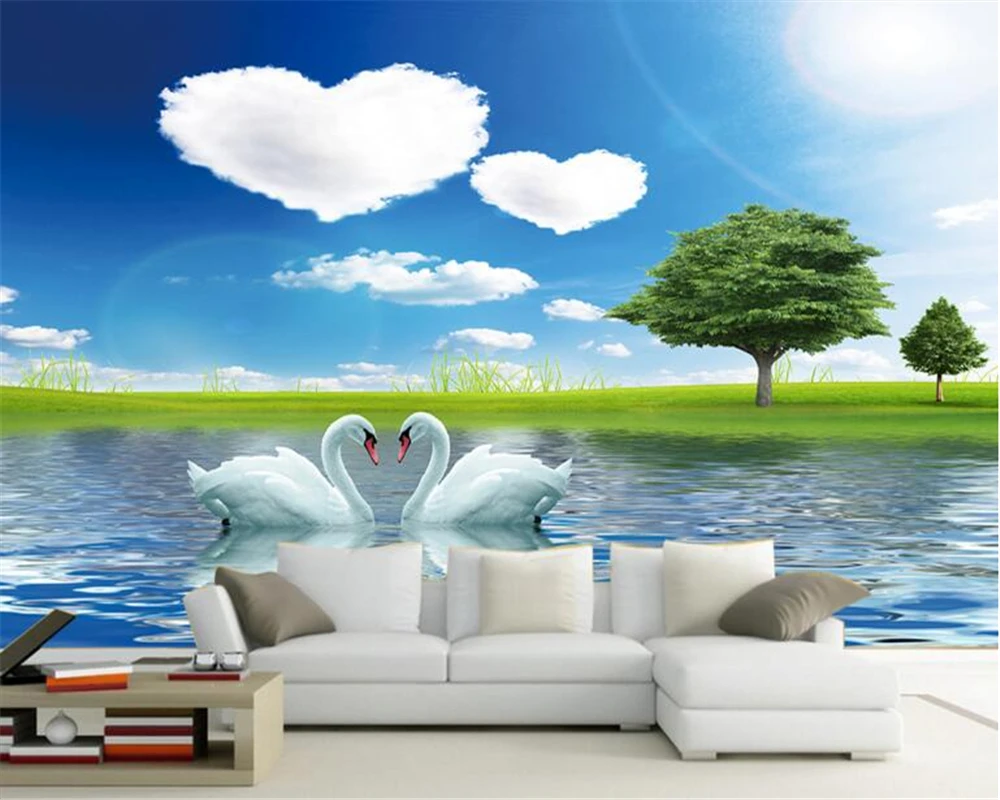 Beibehang Kustom Ukuran 3d Wallpaper Cinta Awan Swan Lake