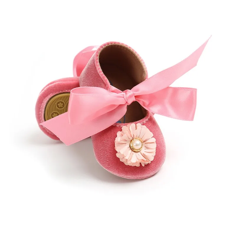 

Autumn Nerborn Baby Solid Pink Girl Shoes First Walker Bow Flower Flock Toddler Infant Fabric Baby Little Girl Baby 0-18M