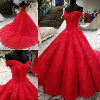 شراءفساتين زفاف فاخرة من HSDYQ للحفلات باللون الأحمر بطول الأرض من Vestidos De Novia فستان زفاف مذهل