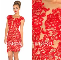 61431R Free Shipping New Arrival Sheath Red Lace Beaded Cap Sleeves Evening Dresses Short 2013