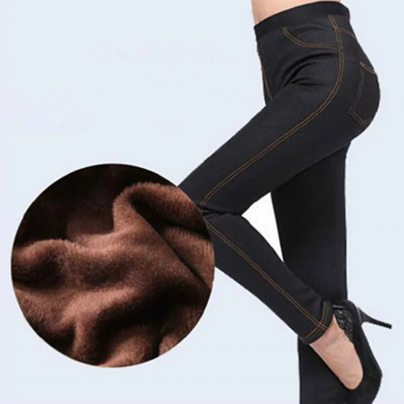 Lowest Prices 2016 New Faux Jeans Extra Plush Inside Plus Size High Elastic Blue/Black Color Ankle-Length Thick Warm Women Leggings For Winter