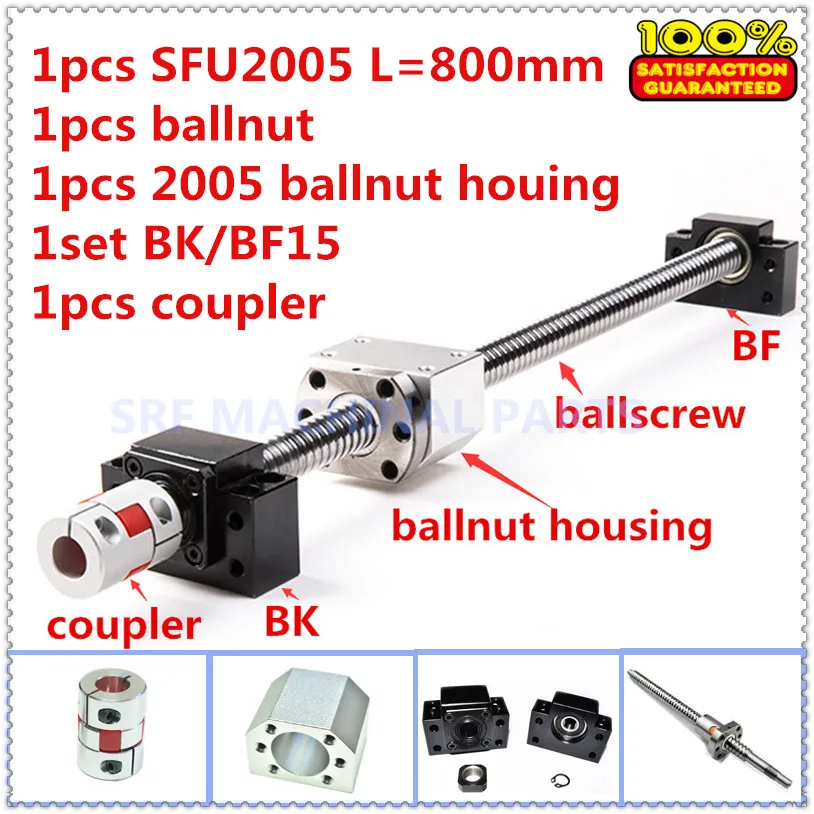 

20mm Rolled ballscrew SFU2005 ball screw L=800mm+1pcs Ballnut +1pcs ballnut housing +1set BK/BF15+1pcs 12*14mm Coupling for CNC