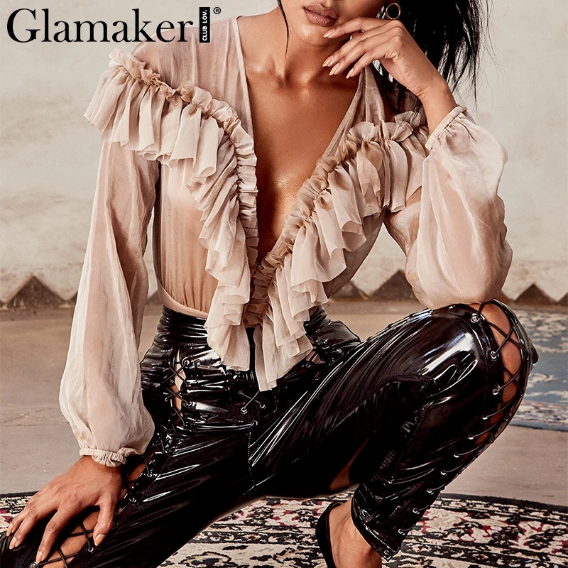 Glamaker Deep v neck transparent mesh ruffle bodysuit Women chiffon long sleeve bodysuit loose overall Sexy female spring romper