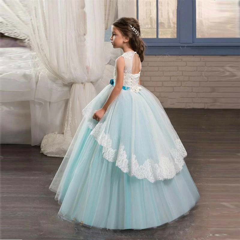 Милое кружевное бальное платье с синими бусинами и цветочным узором для девочек, свадебные платья с бантом и оборками для девочек, платья