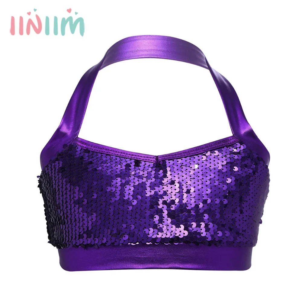 

6-14Years Girls Tutu Tops Glittery Halter Sequins Bra Tops Crop Top for Ballet Dance Teenager Kids Stage Performance Undershirt