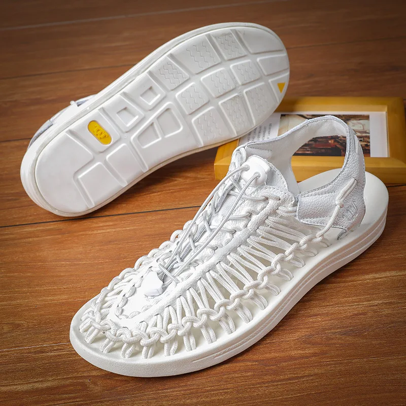 

2019 men handcraft knitting beach shoes breathable flip flop loose tie casual shoe