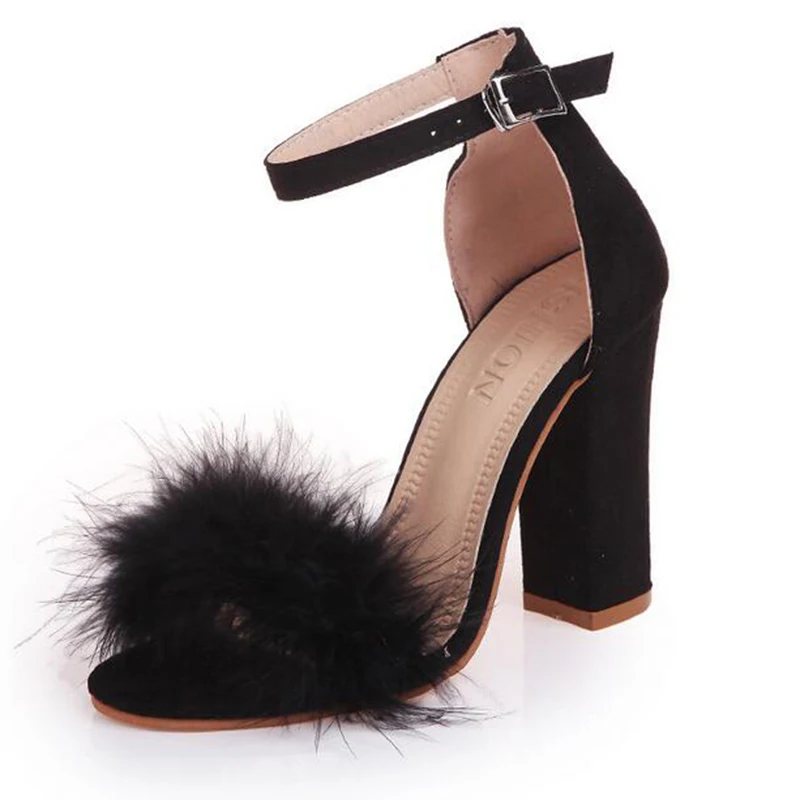 COVOYYAR Ankle Strap High Heels Faux Fluffy Rabbit Fur Women Sandals 2019 Thick High Heel Party Wedding Summer Lady Shoes WHH118