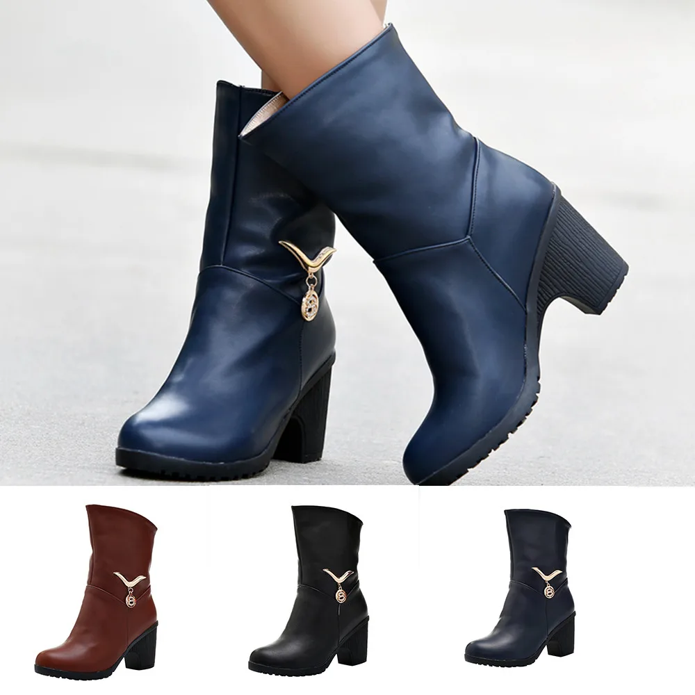 

Women's Casual Warm Shoes Metal Decorative High Heel Boots Cotton Slip On Ankle Boots Spring Autumn Boots #08